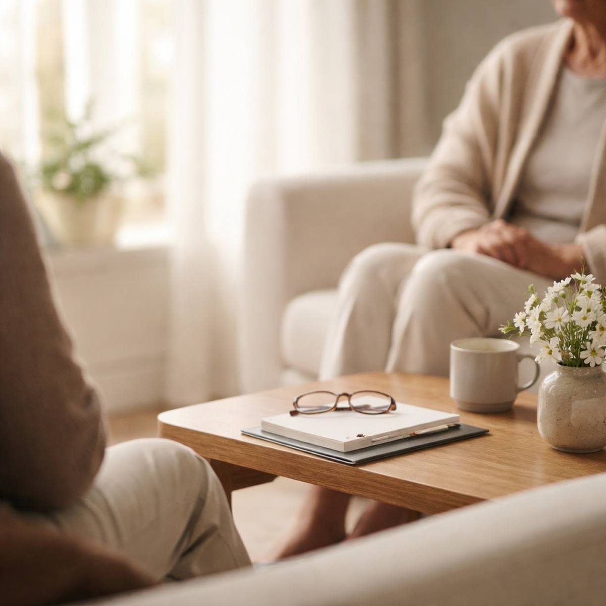 A calm in-home care consultation over coffee at a warm living-room table