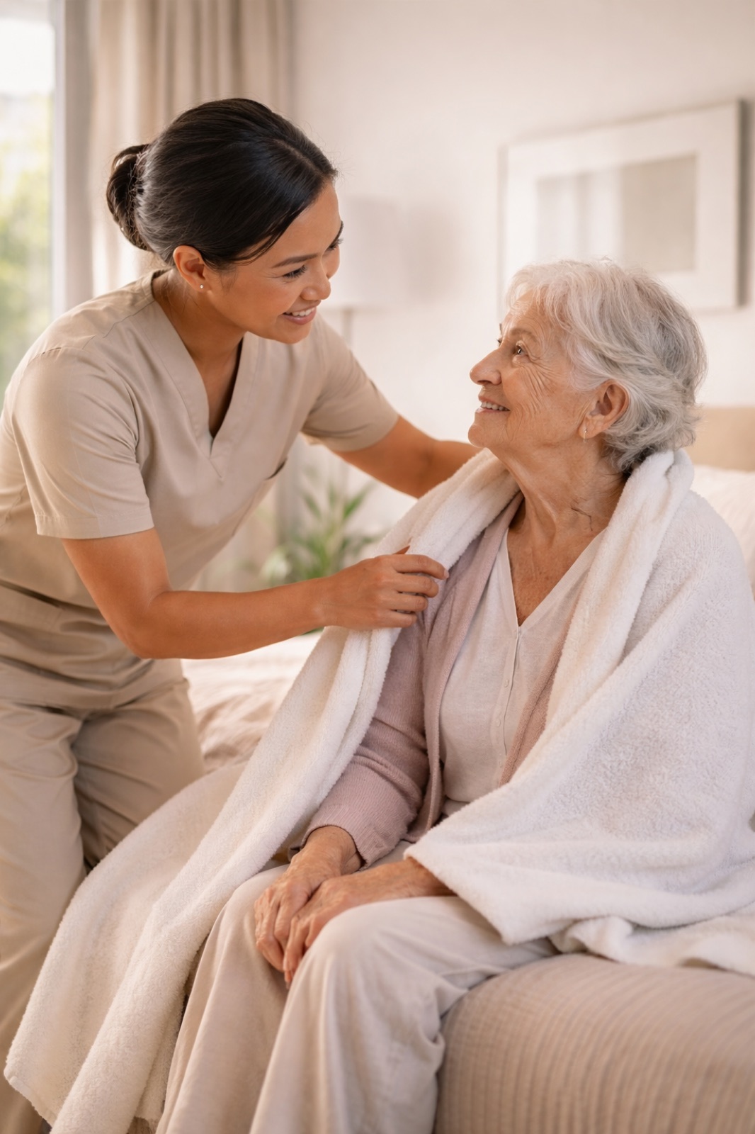 A caregiver sitting with an older adult on a couch after morning care
