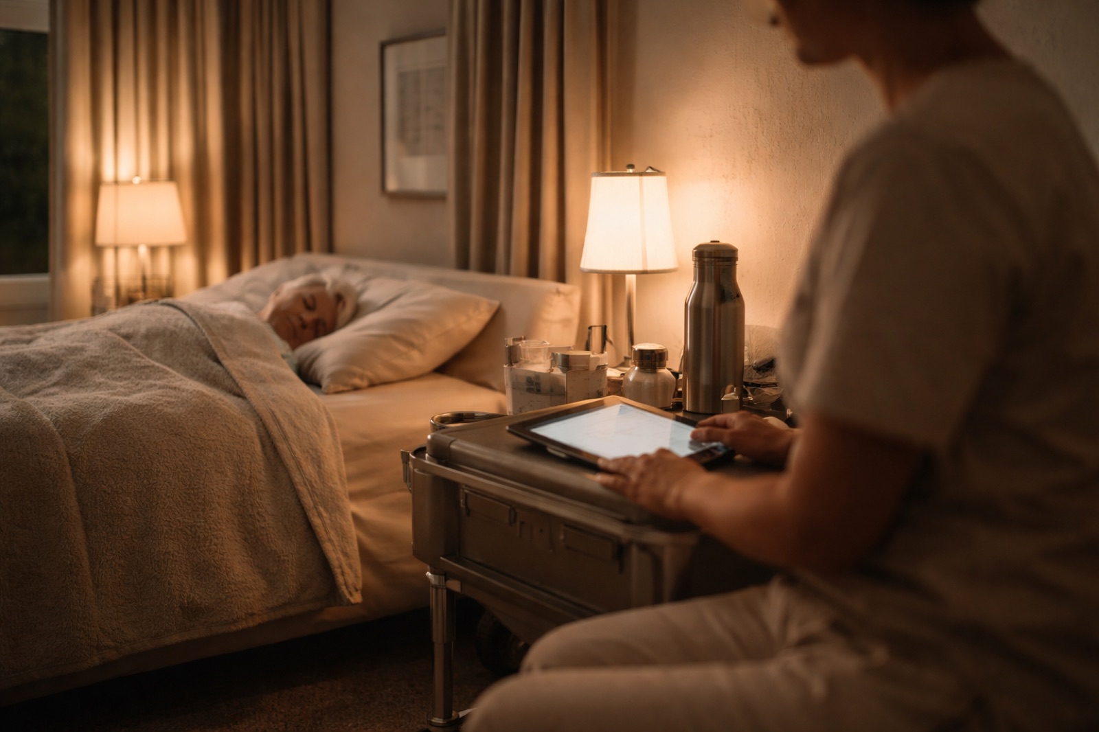 A caregiver keeping calm overnight presence in a softly lit home