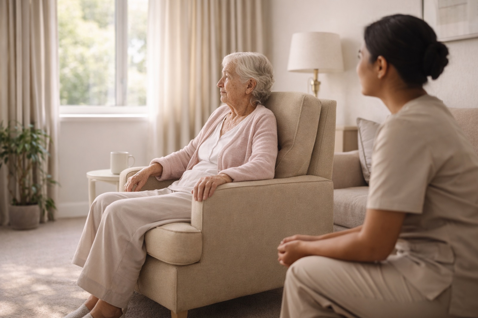 An older woman seated by a bright window at home, with her caregiver nearby
